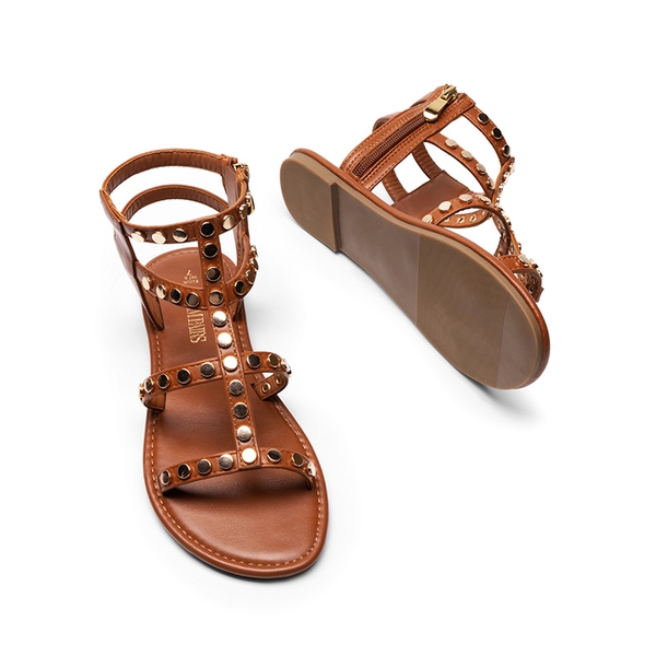 Studded Gladiator Sandals - COGNAC - 5